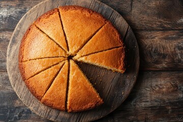 Close up of a moist Madeira biscuit cake on a wooden table viewed from above