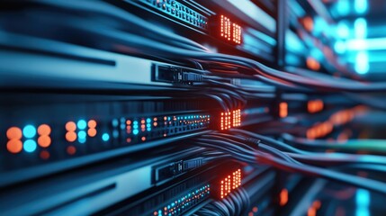Naklejka premium Efficient backhaul network design in a professional data center environment, with neatly arranged cables and glowing LED indicators.