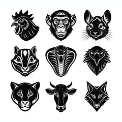 Chicken, chimpanzee, chinchilla, chipmunk etc animals head silhouette logo style vector bundle design 