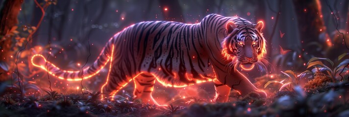 A vibrant, glowing tiger roams through a mystical forest, showcasing its enchanting beauty amidst nature's wonders.