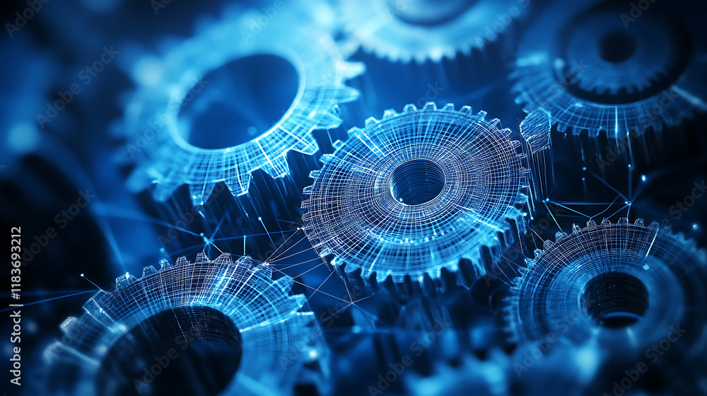 Aufkleber abstract iso standards quality control concept, cogs and gear wheel mechanisms concept in wireframe 