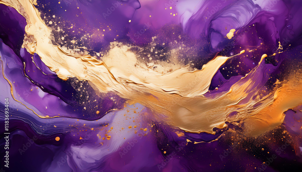 Poster a vibrant abstract artwork featuring swirls of purple and gold, creating a luxurious and dynamic vis