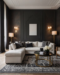 Modern living room with expansive windows black and white theme and luxury designer sofa creating a relaxing space Contemporary Interior Design Inspiration