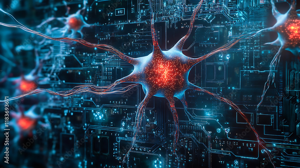 Poster ai chip with neuronal network on circuit board, illustration