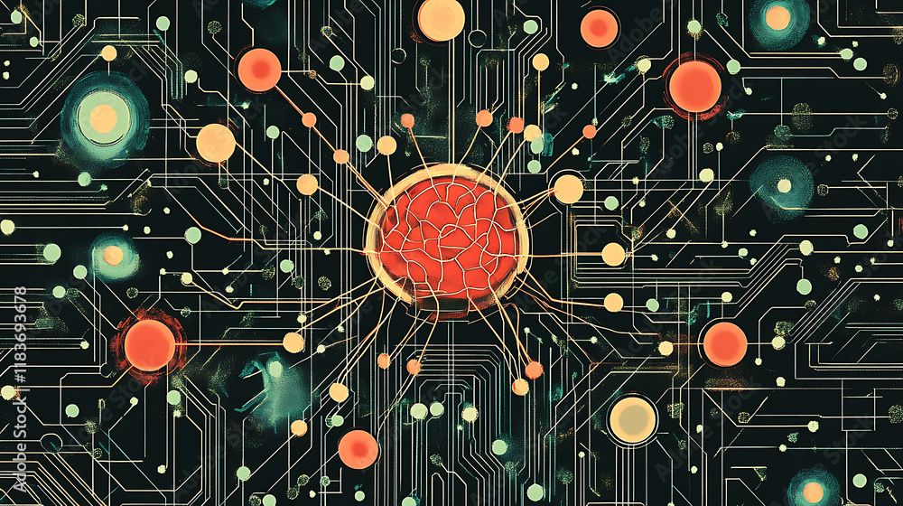 Aufkleber ai chip with neuronal network on circuit board, illustration