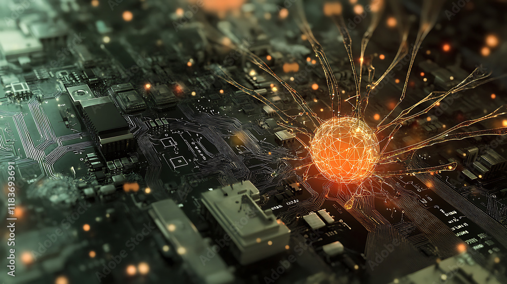 Poster ai chip with neuronal network on circuit board, illustration