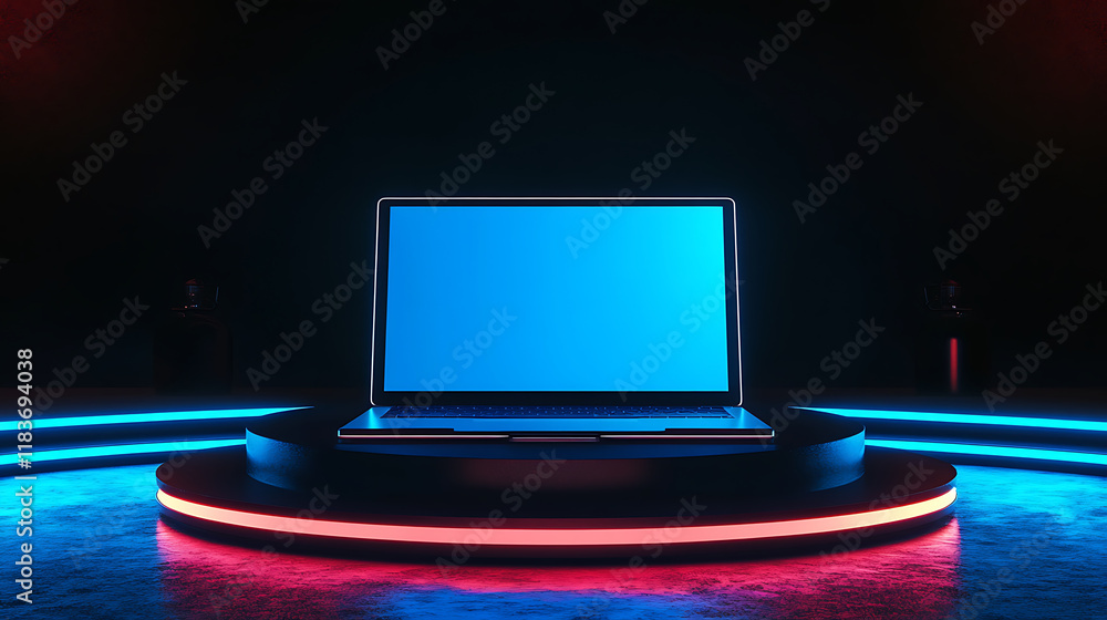 Aufkleber an empty touch screen laptop on a futuristic podium with neon lighting from the podiums and a blank 