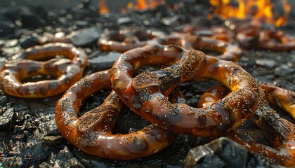 Close-up of freshly baked pretzels on hot coals.