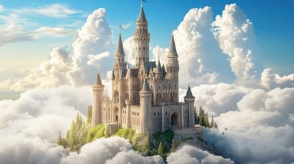 Fantasy castle with grand turrets and elegant spires floating on a bed of fluffy clouds against a serene blue sky and green forested hills