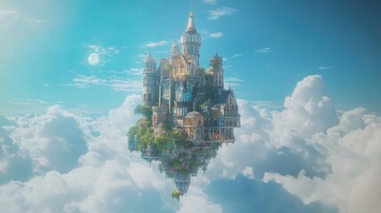 Floating castle shimmering in sunlight with intricate architecture, resting on clouds under a vivid blue sky with lush greenery in the distance