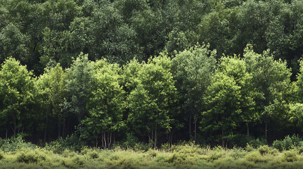 Fototapeta premium An isolated row of trees and shrubs with a forest and foliage in summer