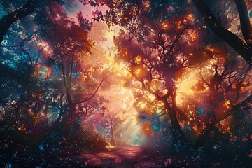 Naklejka premium A vibrant forest illuminated by colorful light, creating a magical and serene atmosphere in nature.