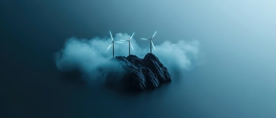 Futuristic Wind Turbines on a Misty Mountaintop Generating Clean Energy