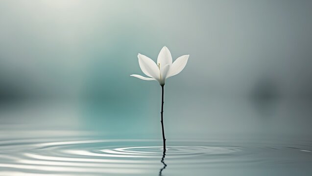A single white flower on a branch in the water