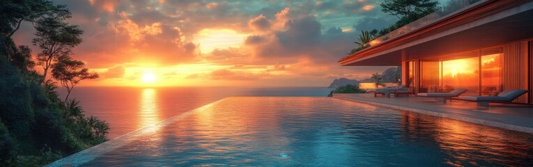 Obraz premium A tropical infinity pool on a villa terrace, bathed in golden sunrise light, offering breathtaking panoramic views, ideal for luxury travel and real estate promotion.
