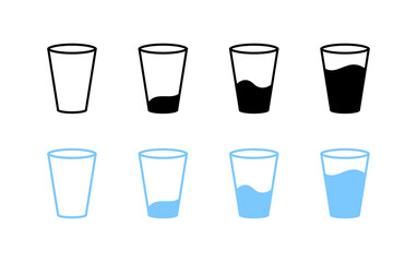 Cup of water set icons. Occupancy level icons. Linear, silhouette and flat style. Vector icons.