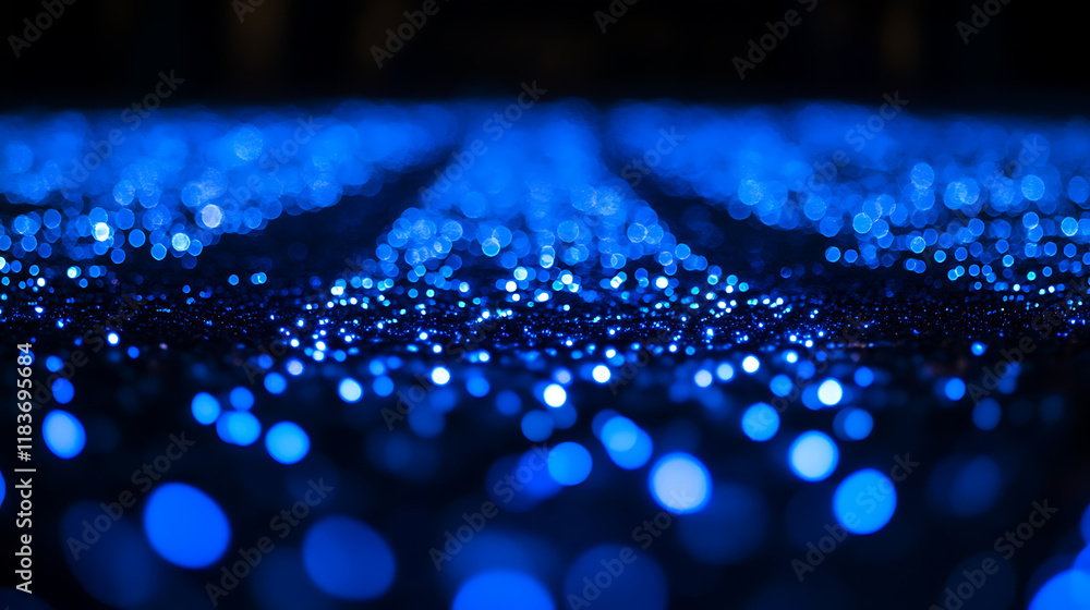 Poster blue glowing particles on dark background with bokeh effect