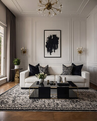 Spacious and inviting black and white living room with luxury designer sofa and expansive windows offering natural light Contemporary Interior Design Inspiration