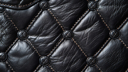 Obraz premium Black leather background texture with diamond-shaped buttons and stitching details