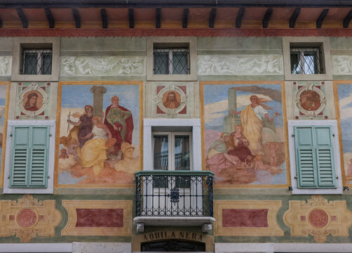 Ciasa dei pupe Historic Bulding in Cortina d Ampezzo, formerly the Hotel Aquila Nera on the Corso Italia with Famous Frescoes by Luigi and Giuseppe Ghedina