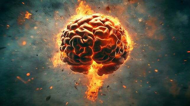 Burn out concept with atomic brain explosion, illustration