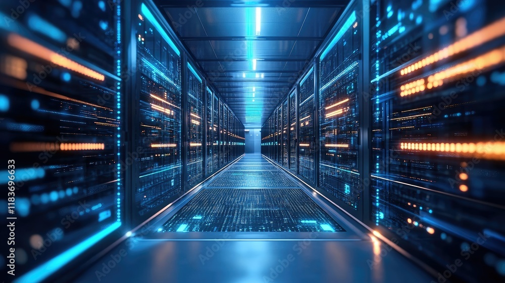 Poster high-tech data center backhaul network infrastructure with glowing fiber-optic cables and modern ser