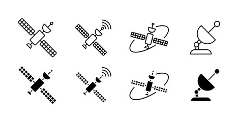 Satellite set icons. Linear and silhouette style. Vector icons.