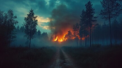 Fototapeta premium Forest Fire Smoke Effects on Countryside Environments. Cloudy skies blanket a rural forest, veiled by wisps of fire smoke