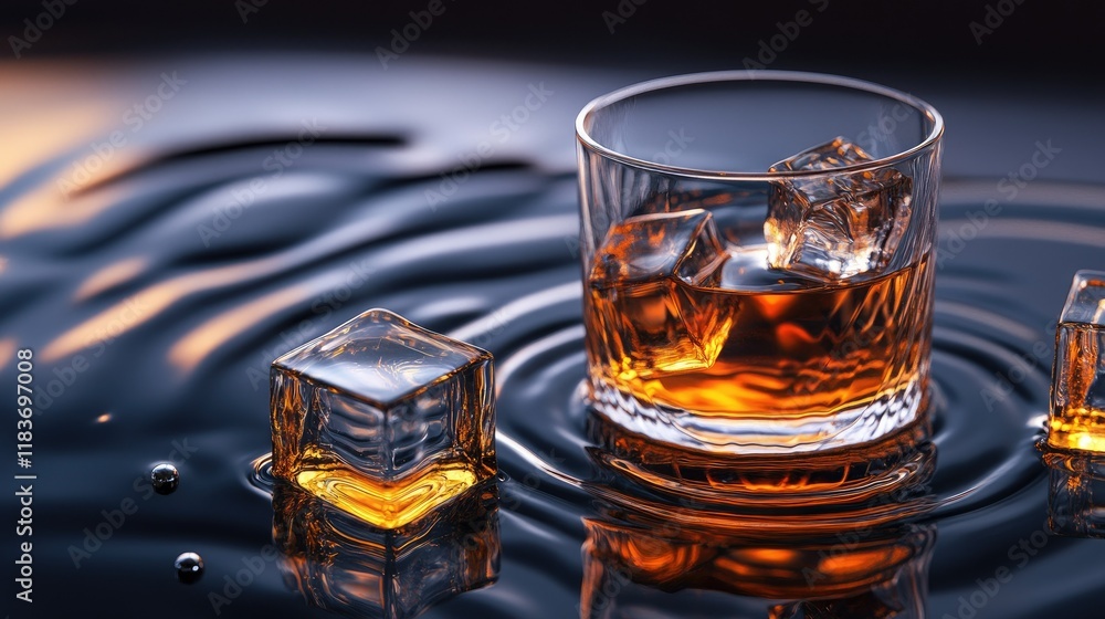 Poster ice cubes melting slowly on a black reflective surface, whiskey and water ripples creating dynamic p