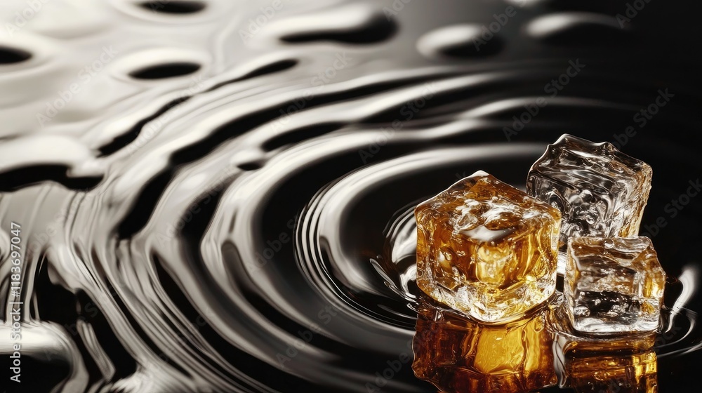 Poster ice cubes melting slowly on a black reflective surface, whiskey and water ripples creating dynamic p