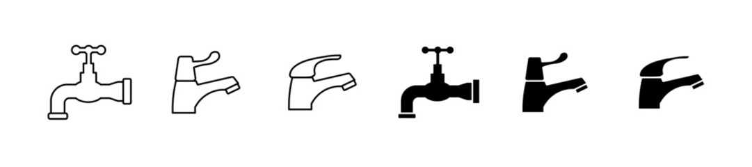 Sink faucet set icons. Linear and silhouette style. Vector icons.