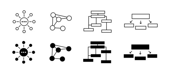 Diagrams set icons. Schematic models icons. Linear and silhouette style. Vector icons.
