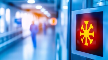 A directional sign with a yellow symbol in a corridor, indicating various pathways.
