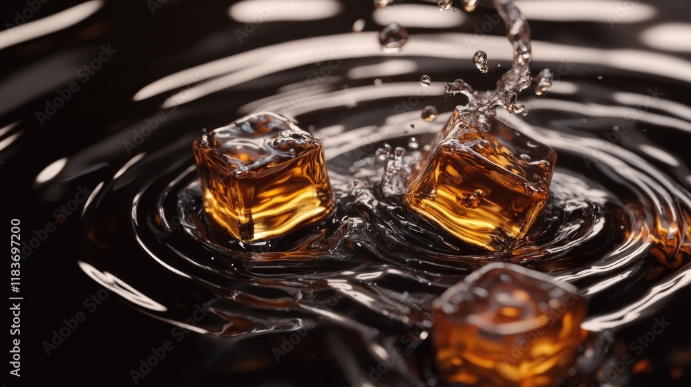 Poster ice cubes melting slowly on a black reflective surface, whiskey and water ripples creating dynamic p