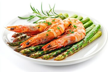 Cooked asparagus with shrimp on a white dish
