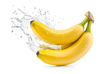 Ripe yellow banana in mid-air with water splashes, isolated on white background