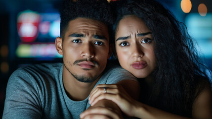 Latino couple holding hands tightly, looking anxious while viewing concerning financial data on computer screen, displaying stress and shared emotional tension
