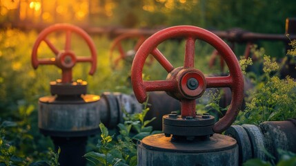 Fototapeta premium Industrial valves with striking red wheels, surrounded by greenery and bathed in the warm light of a setting sun