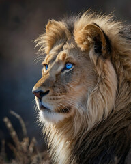 Fototapeta premium A majestic lion with a flowing mane and striking blue eyes gazes thoughtfully into the distance.