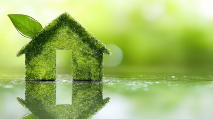 Green House Symbol Reflecting in Water with Lush Green Background