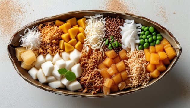 Colorful Thai Dessert Bowl with Varieties of Tropical Fruits and Traditional Toppings