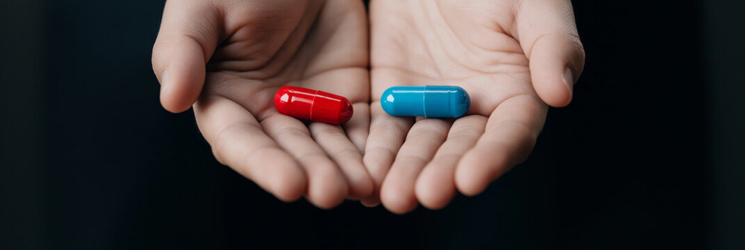 Open hands presenting a red pill and a blue pill, symbolizing a difficult choice or decision