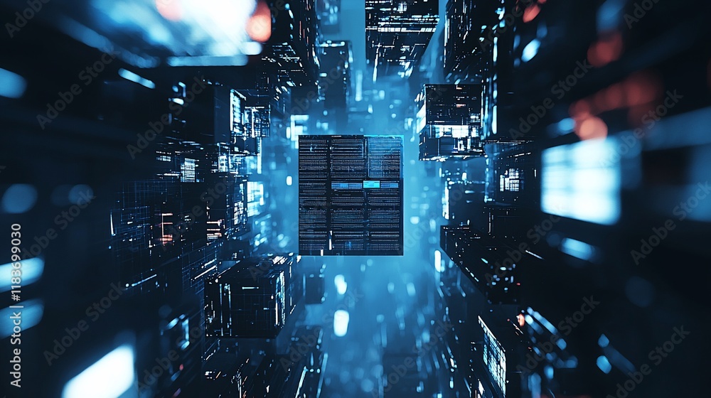 Poster Futuristic digital data stream flowing through a network.
