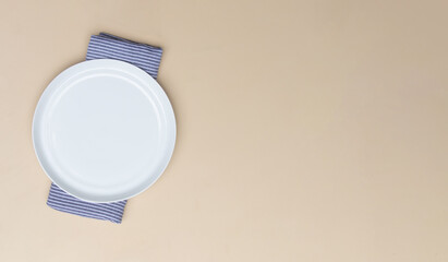 Empty Ceramic Plate on Tablecloth, Top View Dining Setup