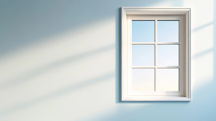 Obraz premium Sunlight illuminating a light blue wall through a window with white frame, creating an elegant and relaxing atmosphere
