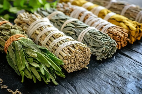Detail of fresh and dried sage smudging bundles with braided sweetgrass on a dark wooden table