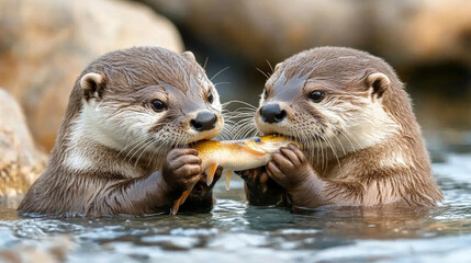 Obraz premium Playful otters splitting freshly caught fish while floating together, displaying cooperative hunting and sharing marine ecosystem dynamics