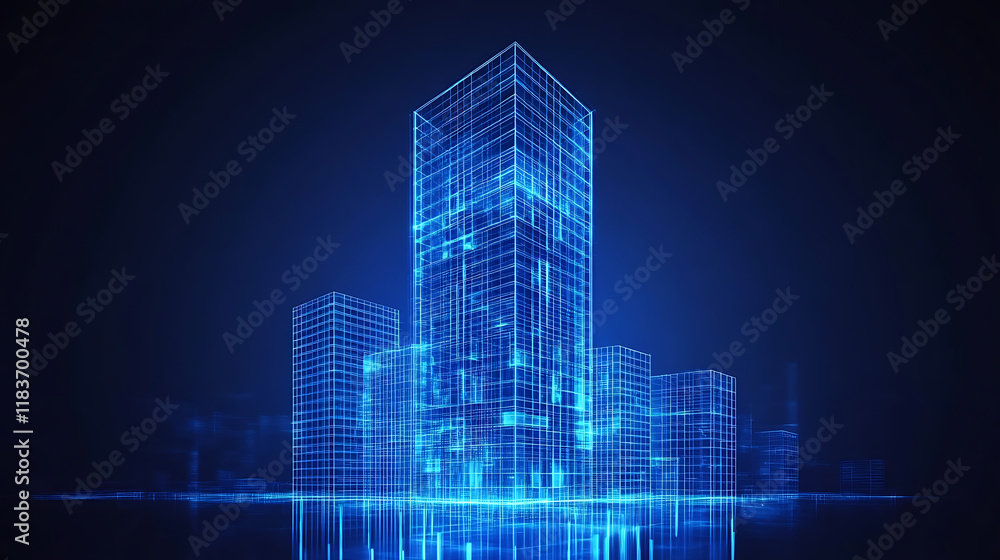 Poster Digital building in matrix style, binary city of blue light, abstract technological background