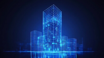 Digital building in matrix style, binary city of blue light, abstract technological background