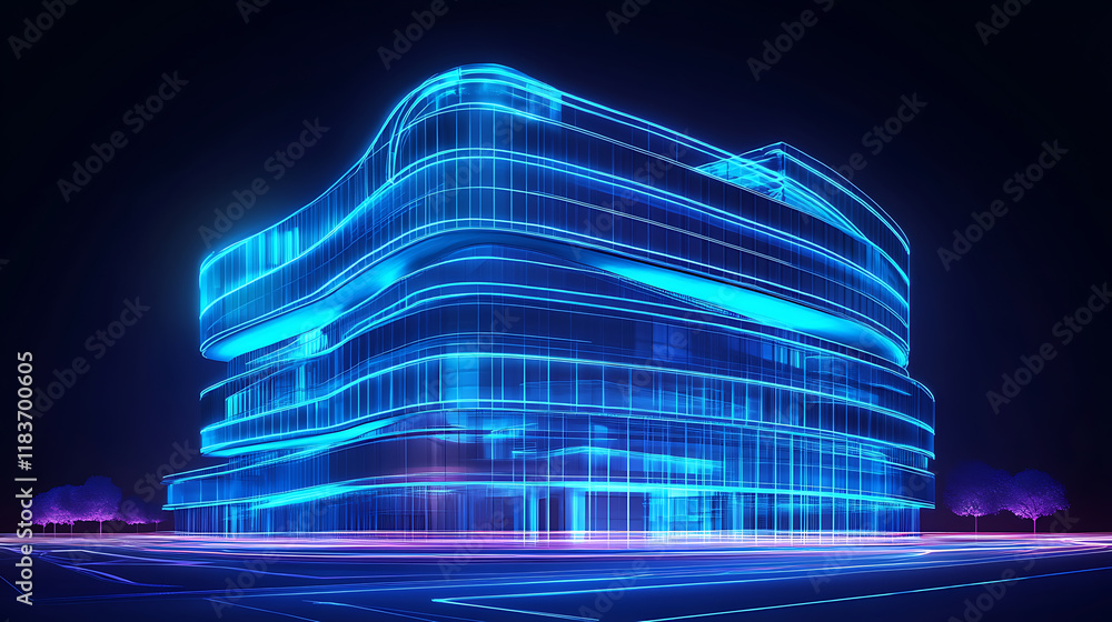 Poster Development architecture computer systems of smart building, futuristic modern illustration in blue neon colors, ai